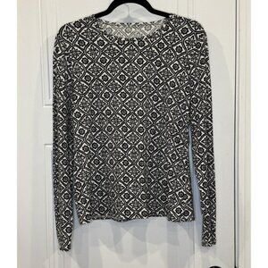 Lands End Black & White Long-Sleeve Floral Print Top M EUC Office Casual